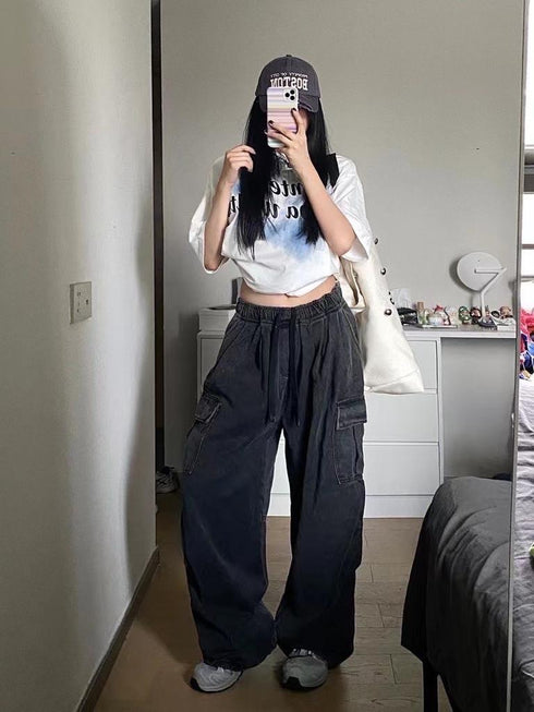Baggy Pleated Drawstring Multi-Pocket Flare Cargo Pants